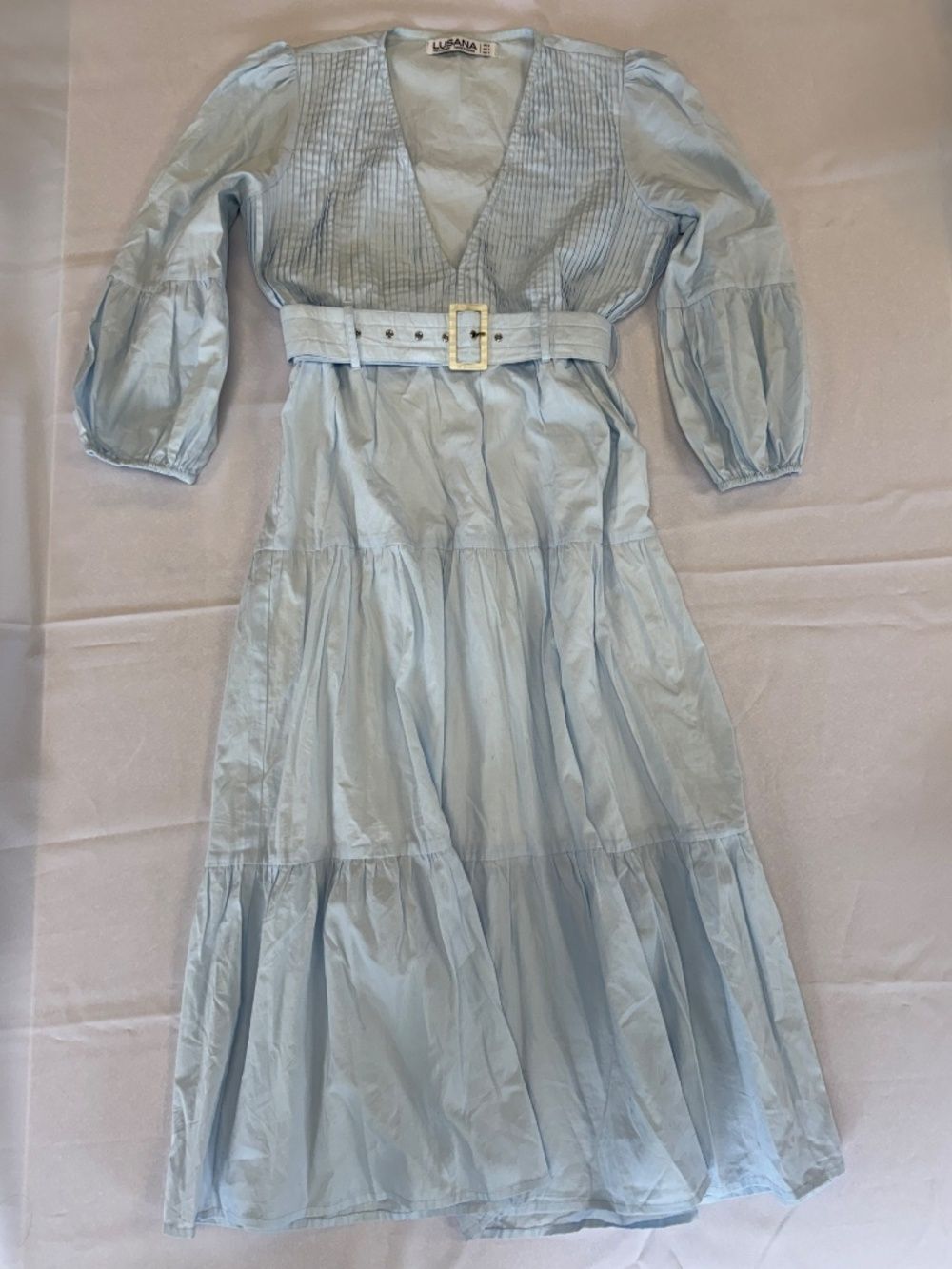 Lusana Anthropologie Light Blue Pleated Tiered Maxi Cotton Dress Size 4